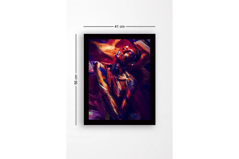 Innrammet lerret i tre - 41x56 cm - Fargerik portrett av en nakenmodell med abstrakt kroppsmaling - Mørk rød / Blå / Gull - Interiør - Maleri & posters - Lerretsbilder