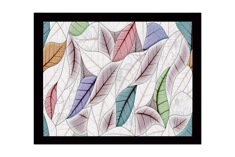 Innrammet lerret i tre - 41x56 cm - Fargerike blader i en harmonisk komposisjon, Grønn / Rosa / Blå