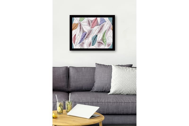Innrammet lerret i tre - 41x56 cm - Fargerike blader i en harmonisk komposisjon - Grønn / Rosa / Blå - Interiør - Maleri & posters - Lerretsbilder