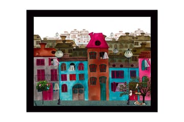 Innrammet lerret i tre - 41x56 cm - Fargerike hus i et urbant miljø - Rosa / Turkis / Rød - Interiør - Maleri & posters - Lerretsbilder