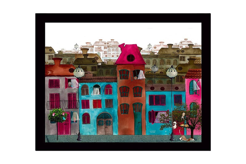Innrammet lerret i tre - 41x56 cm - Fargerike hus i et urbant miljø, Rosa / Turkis / Rød