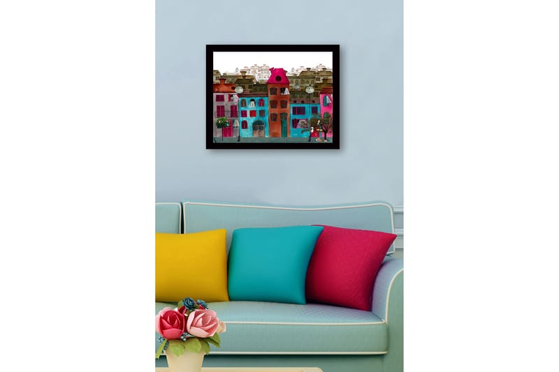 Innrammet lerret i tre - 41x56 cm - Fargerike hus i et urbant miljø - Rosa / Turkis / Rød - Interiør - Maleri & posters - Lerretsbilder