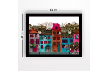 Innrammet lerret i tre - 41x56 cm - Fargerike hus i et urbant miljø - Rosa / Turkis / Rød - Interiør - Maleri & posters - Lerretsbilder