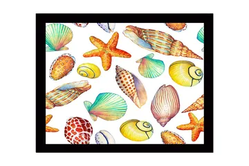 Innrammet lerret i tre - 41x56 cm - Fargerike skjell og sjøstjerner i en leken komposisjon - Gul / Oransje / Grønn - Interiør - Maleri & posters - Lerretsbilder