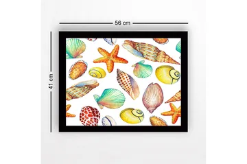 Innrammet lerret i tre - 41x56 cm - Fargerike skjell og sjøstjerner i en leken komposisjon - Gul / Oransje / Grønn - Interiør - Maleri & posters - Lerretsbilder