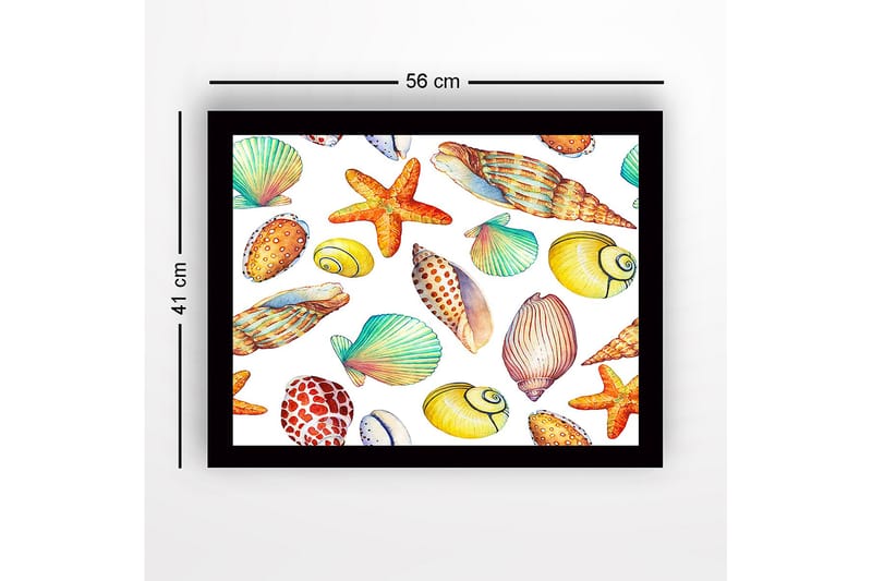 Innrammet lerret i tre - 41x56 cm - Fargerike skjell og sjøstjerner i en leken komposisjon - Gul / Oransje / Grønn - Interiør - Maleri & posters - Lerretsbilder