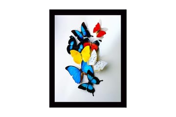 Innrammet lerret i tre - 41x56 cm - Fargerike sommerfugler i en dynamisk komposisjon - Blå / Gul / Rød - Interiør - Maleri & posters - Lerretsbilder