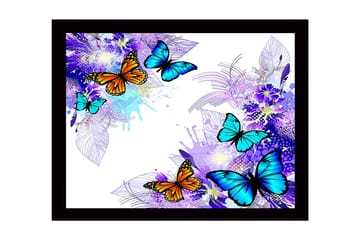 Innrammet lerret i tre - 41x56 cm - Fargerike sommerfugler i en livlig komposisjon - Blå / Oransje / Lilla - Interiør - Maleri & posters - Lerretsbilder