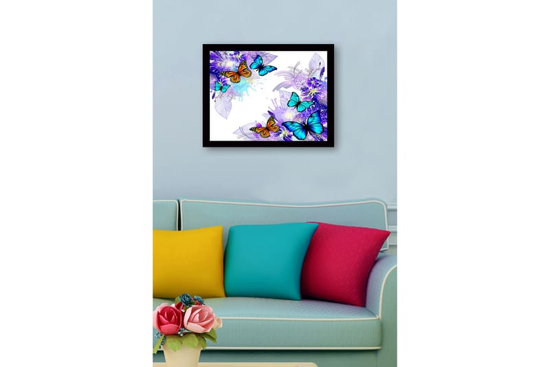 Innrammet lerret i tre - 41x56 cm - Fargerike sommerfugler i en livlig komposisjon - Blå / Oransje / Lilla - Interiør - Maleri & posters - Lerretsbilder