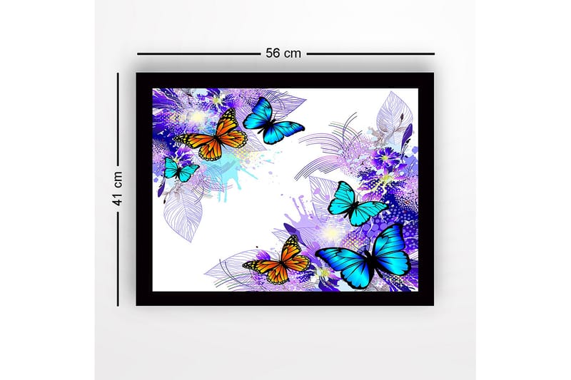 Innrammet lerret i tre - 41x56 cm - Fargerike sommerfugler i en livlig komposisjon - Blå / Oransje / Lilla - Interiør - Maleri & posters - Lerretsbilder