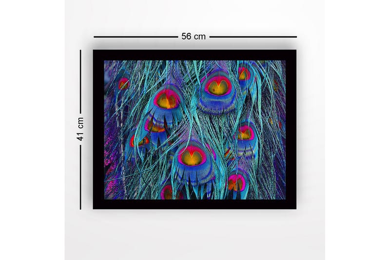 Innrammet lerret i tre - 41x56 cm - Fargerike påfuglfjær i en abstrakt komposisjon - Turkis / Lilla / Gull - Interiør - Maleri & posters - Lerretsbilder