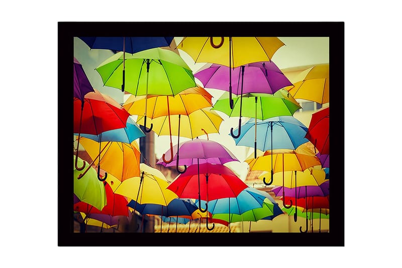 Innrammet lerret i tre - 41x56 cm - Fargerike paraplyer som svever over et urbant miljø, Gul / Grønn / Rød