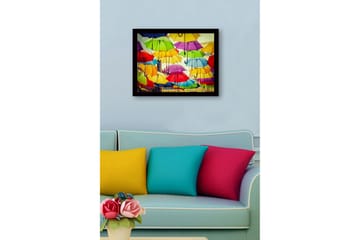 Innrammet lerret i tre - 41x56 cm - Fargerike paraplyer som svever over et urbant miljø - Gul / Grønn / Rød - Interiør - Maleri & posters - Lerretsbilder