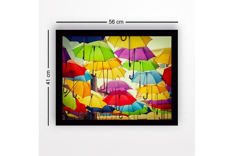 Innrammet lerret i tre - 41x56 cm - Fargerike paraplyer som svever over et urbant miljø - Gul / Grønn / Rød - Interiør - Maleri & posters - Lerretsbilder