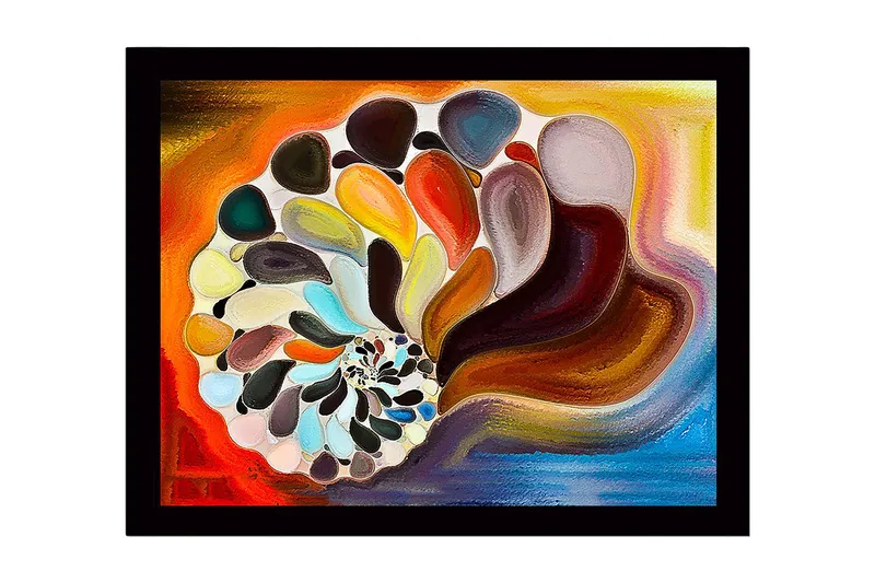 Innrammet lerret i tre - 41x56 cm - Fargerikt skjell med abstrakte former, Oransje / Brun / Hvit