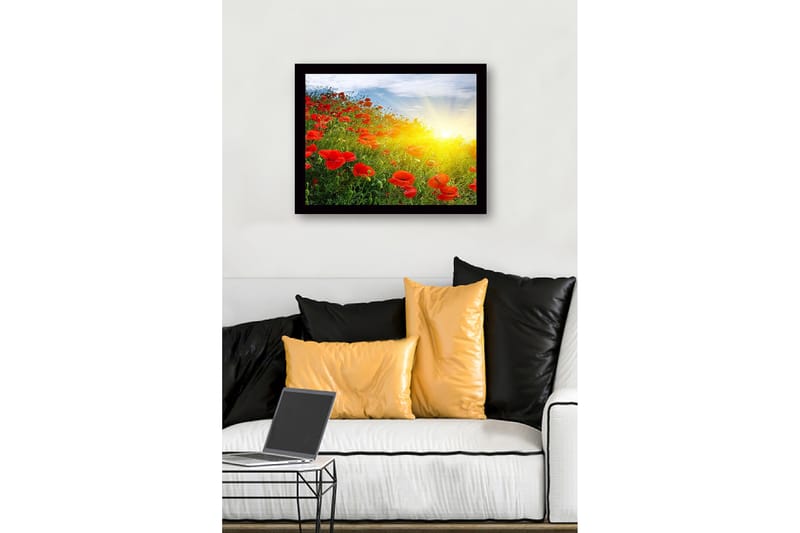 Innrammet lerret i tre - 41x56 cm - Felt med røde valmuer i soloppgangens lys - Rød / Grønn / Gul - Interiør - Maleri & posters - Lerretsbilder