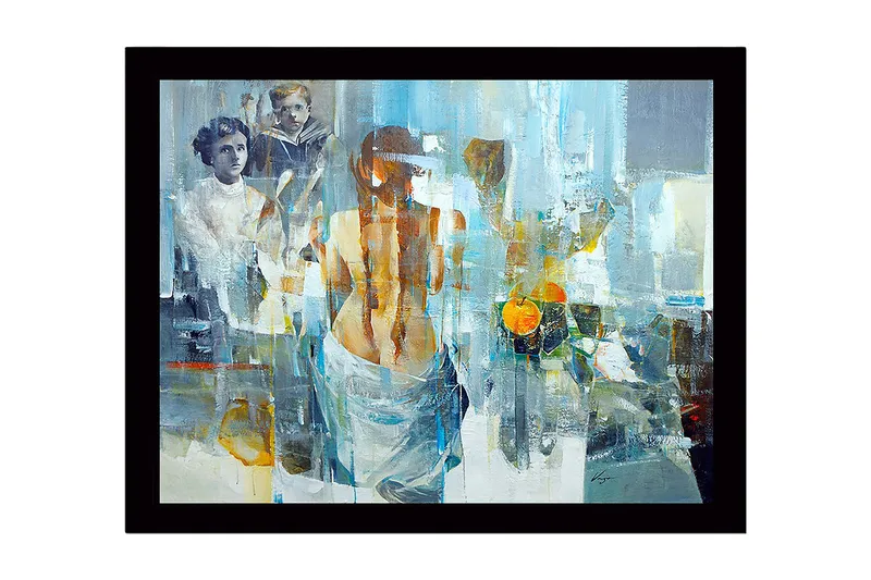 Innrammet lerret i tre - 41x56 cm - Figurativ komposisjon med en kvinne som vender ryggen til betrakteren og to barn i bakgrunnen, Blå / Oransje / Grå