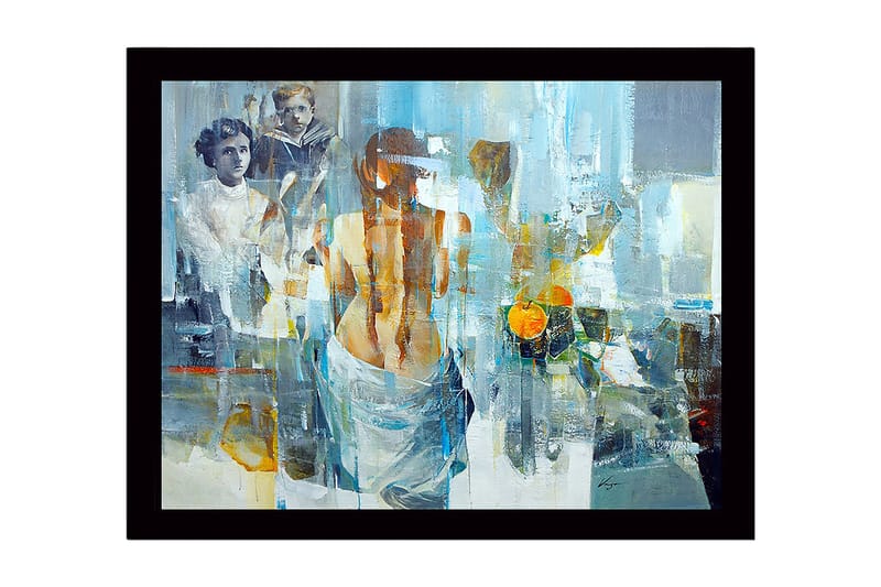 Innrammet lerret i tre - 41x56 cm - Figurativ komposisjon med en kvinne som vender ryggen til betrakteren og to barn i bakgrunnen, Blå / Oransje / Grå