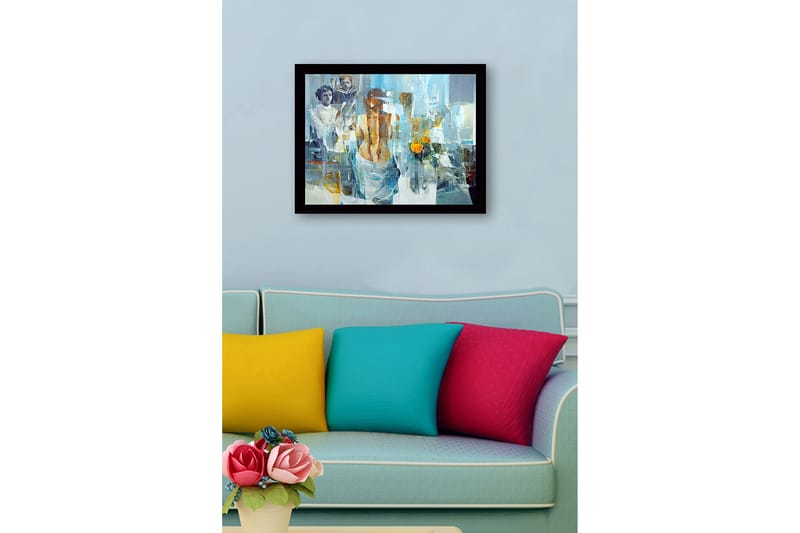 Innrammet lerret i tre - 41x56 cm - Figurativ komposisjon med en kvinne som vender ryggen til betrakteren og to barn i bakgrunnen - Blå / Oransje / Grå - Interiør - Maleri & posters - Lerretsbilder