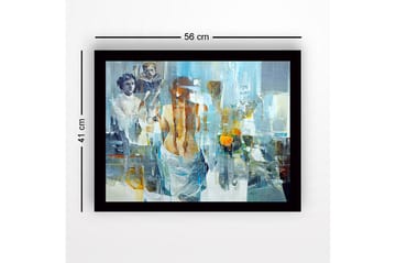 Innrammet lerret i tre - 41x56 cm - Figurativ komposisjon med en kvinne som vender ryggen til betrakteren og to barn i bakgrunnen - Blå / Oransje / Grå - Interiør - Maleri & posters - Lerretsbilder