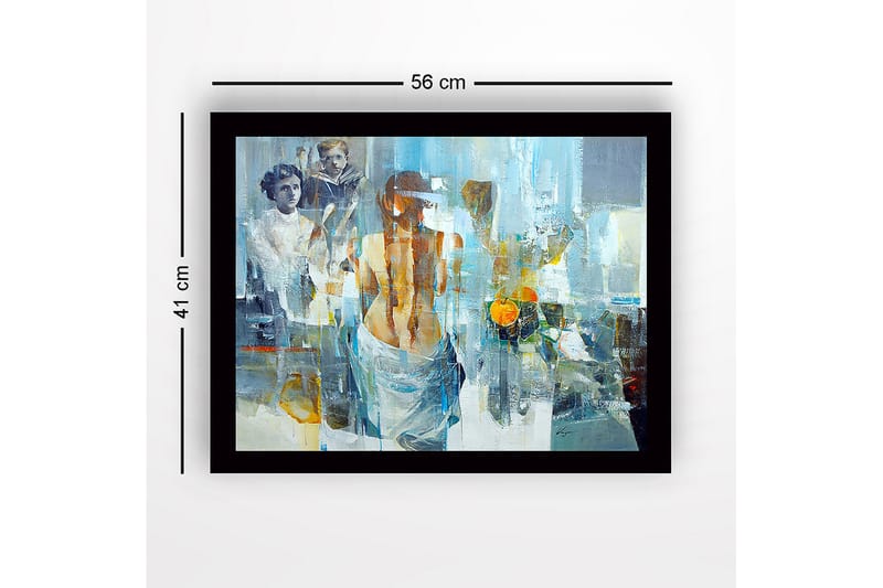 Innrammet lerret i tre - 41x56 cm - Figurativ komposisjon med en kvinne som vender ryggen til betrakteren og to barn i bakgrunnen - Blå / Oransje / Grå - Interiør - Maleri & posters - Lerretsbilder