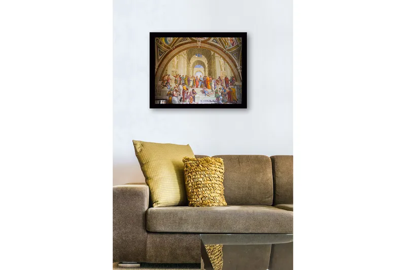 Innrammet lerret i tre - 41x56 cm - Filosofisk samling av tenkere i et stort arkitektonisk miljø - Blå / Beige / Rød - Interiør - Maleri & posters - Lerretsbilder