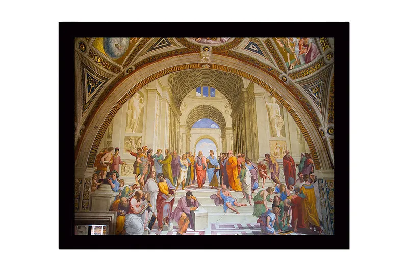 Innrammet lerret i tre - 41x56 cm - Filosofisk samling av tenkere i et stort arkitektonisk miljø, Blå / Beige / Rød