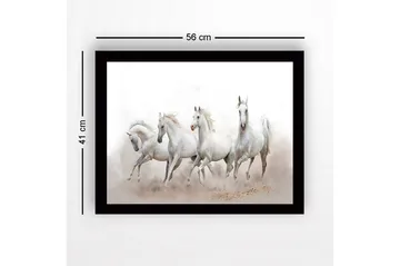 Innrammet lerret i tre - 41x56 cm - Fire hvite hester i bevegelse - Hvit / Lys grå - Interiør - Maleri & posters - Lerretsbilder