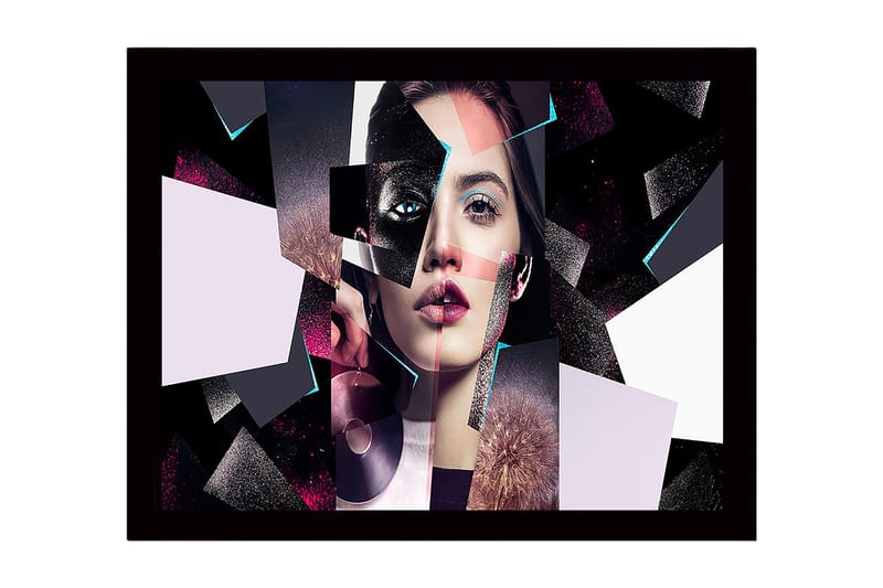 Innrammet lerret i tre - 41x56 cm - Fragmentert portrett av en kvinne med geometriske former, Svart / Rosa / Lys blå