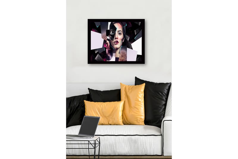 Innrammet lerret i tre - 41x56 cm - Fragmentert portrett av en kvinne med geometriske former - Svart / Rosa / Lys blå - Interiør - Maleri & posters - Lerretsbilder