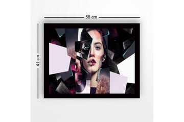 Innrammet lerret i tre - 41x56 cm - Fragmentert portrett av en kvinne med geometriske former - Svart / Rosa / Lys blå - Interiør - Maleri & posters - Lerretsbilder