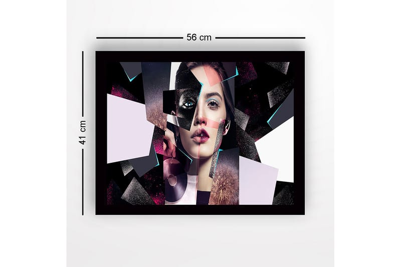 Innrammet lerret i tre - 41x56 cm - Fragmentert portrett av en kvinne med geometriske former - Svart / Rosa / Lys blå - Interiør - Maleri & posters - Lerretsbilder