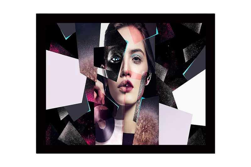 Innrammet lerret i tre - 41x56 cm - Fragmentert portrett av en kvinne med geometriske former, Svart / Rosa / Lys blå