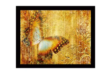 Innrammet lerret i tre - 41x56 cm - Glitrende sommerfugl i gyldne omgivelser - Gull / Brun / Blå - Interiør - Maleri & posters - Lerretsbilder