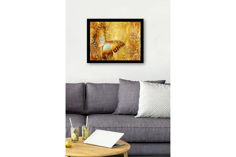 Innrammet lerret i tre - 41x56 cm - Glitrende sommerfugl i gyldne omgivelser - Gull / Brun / Blå - Interiør - Maleri & posters - Lerretsbilder