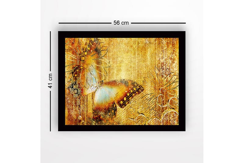 Innrammet lerret i tre - 41x56 cm - Glitrende sommerfugl i gyldne omgivelser - Gull / Brun / Blå - Interiør - Maleri & posters - Lerretsbilder