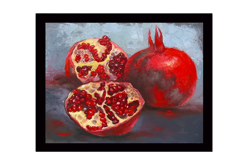 Innrammet lerret i tre - 41x56 cm - Granatepler i en rolig komposisjon, Rød / Beige / Grå