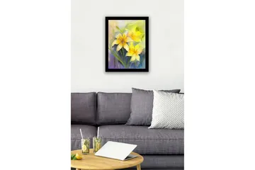 Innrammet lerret i tre - 41x56 cm - Gule liljer i en myk og drømmende komposisjon - Gul / Grønn / Lilla - Interiør - Maleri & posters - Lerretsbilder