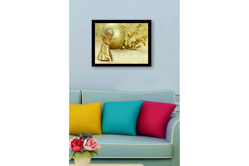 Innrammet lerret i tre - 41x56 cm - Gyllen engel som spiller fløyte - Gull / Beige - Interiør - Maleri & posters - Lerretsbilder