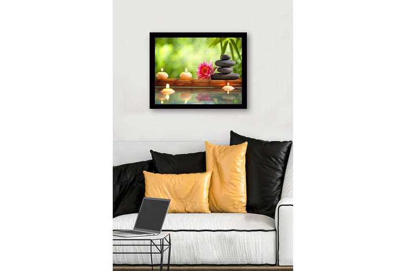 Innrammet lerret i tre - 41x56 cm - Harmonisk komposisjon med steiner, stearinlys og en lotusblomst - Rosa / Svart / Beige - Interiør - Maleri & posters - Lerretsbilder