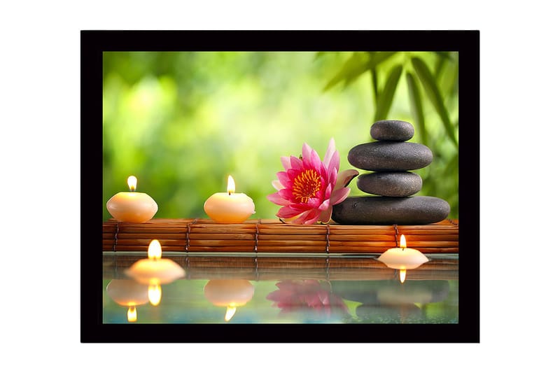 Innrammet lerret i tre - 41x56 cm - Harmonisk komposisjon med steiner, stearinlys og en lotusblomst, Rosa / Svart / Beige