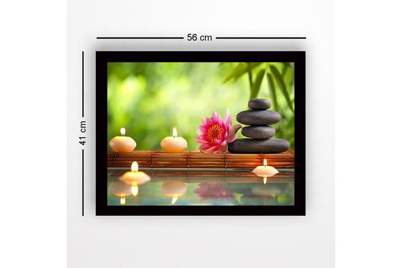 Innrammet lerret i tre - 41x56 cm - Harmonisk komposisjon med steiner, stearinlys og en lotusblomst - Rosa / Svart / Beige - Interiør - Maleri & posters - Lerretsbilder