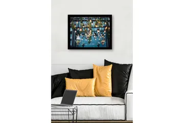 Innrammet lerret i tre - 41x56 cm - Hengende glassvase med planter og lyskilder - Grønn / Svart / Gull - Interiør - Maleri & posters - Lerretsbilder