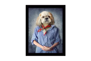 Innrammet lerret i tre - 41x56 cm - Hund med menneskelignende trekk iført skjorte og skjerf - Blå / Beige / Rød - Interiør - Maleri & posters - Lerretsbilder