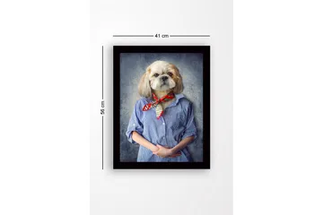 Innrammet lerret i tre - 41x56 cm - Hund med menneskelignende trekk iført skjorte og skjerf - Blå / Beige / Rød - Interiør - Maleri & posters - Lerretsbilder