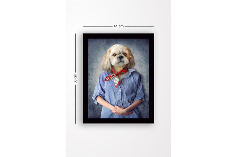 Innrammet lerret i tre - 41x56 cm - Hund med menneskelignende trekk iført skjorte og skjerf - Blå / Beige / Rød - Interiør - Maleri & posters - Lerretsbilder