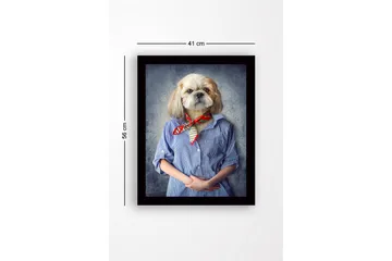 Innrammet lerret i tre - 41x56 cm - Hund med menneskelignende trekk iført skjorte og skjerf - Blå / Beige / Rød - Interiør - Maleri & posters - Lerretsbilder