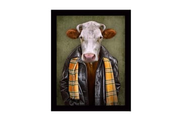 Innrammet lerret i tre - 41x56 cm - Kledd ku med skinnjakke og skjerf - Svart / Oransje / Grønn - Interiør - Maleri & posters - Lerretsbilder