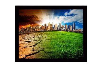 Innrammet lerret i tre - 41x56 cm - Kontrast mellom en tørr jord og et frodig bymiljø - Grønn / Brun / Oransje - Interiør - Maleri & posters - Lerretsbilder