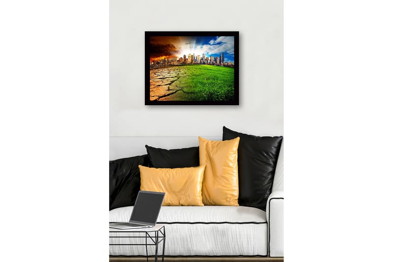 Innrammet lerret i tre - 41x56 cm - Kontrast mellom en tørr jord og et frodig bymiljø - Grønn / Brun / Oransje - Interiør - Maleri & posters - Lerretsbilder
